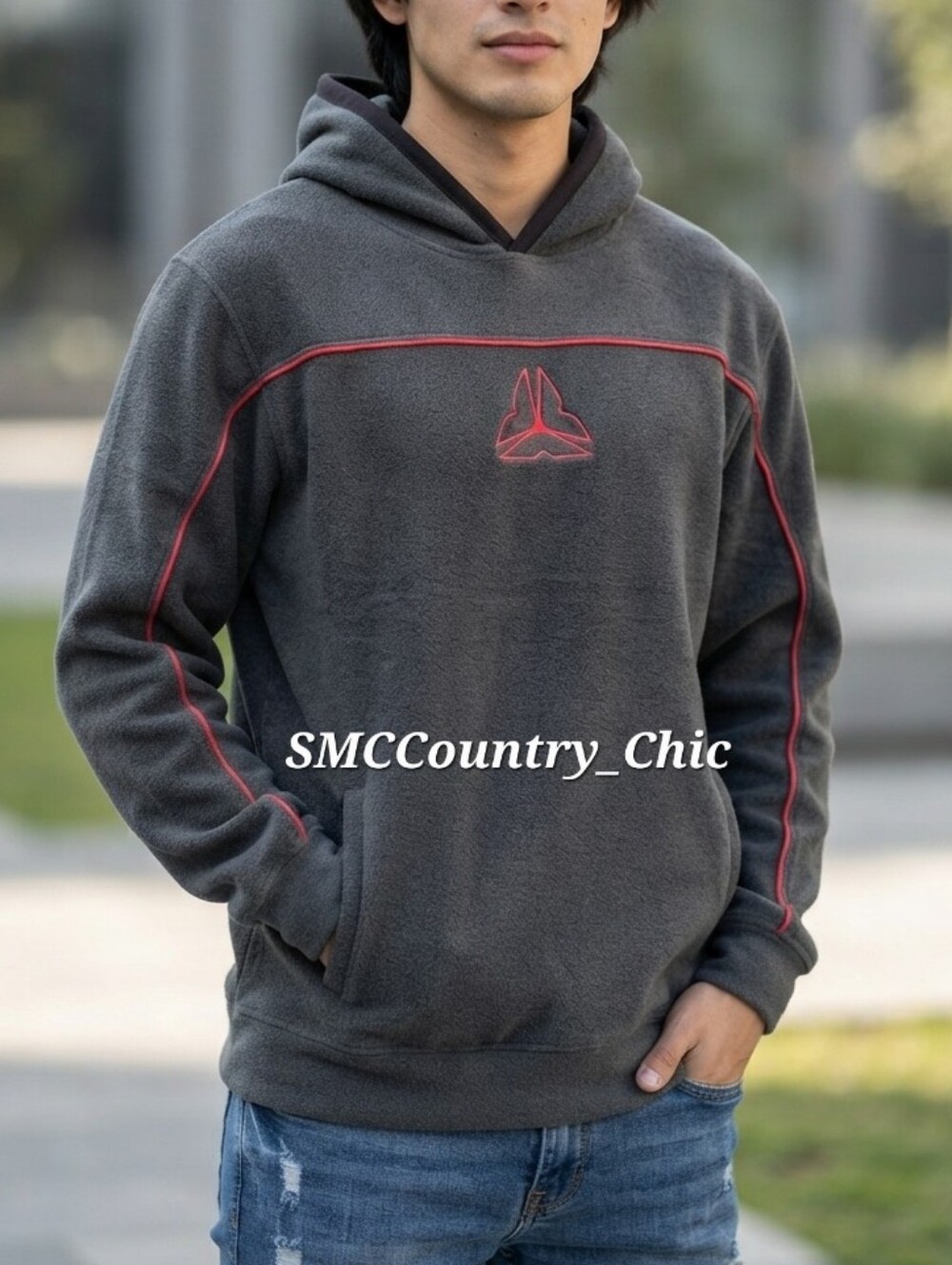 Rare VINTAGE Old Navy Y2K "Tech" Fleece Hoodie - Grey/Red